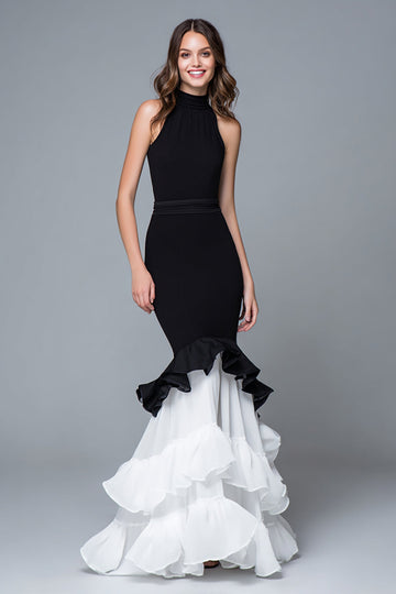 Robe longue formelle à col haut sirène noire et blanche avec volants